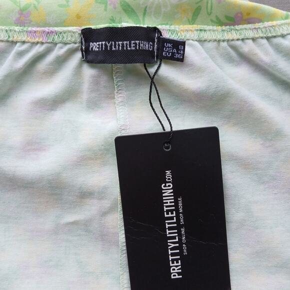 PrettyLittleThing Lime Ditzy Print Lace Up Back Shift Dress sz 4 mini halter NOS - Picture 7 of 16